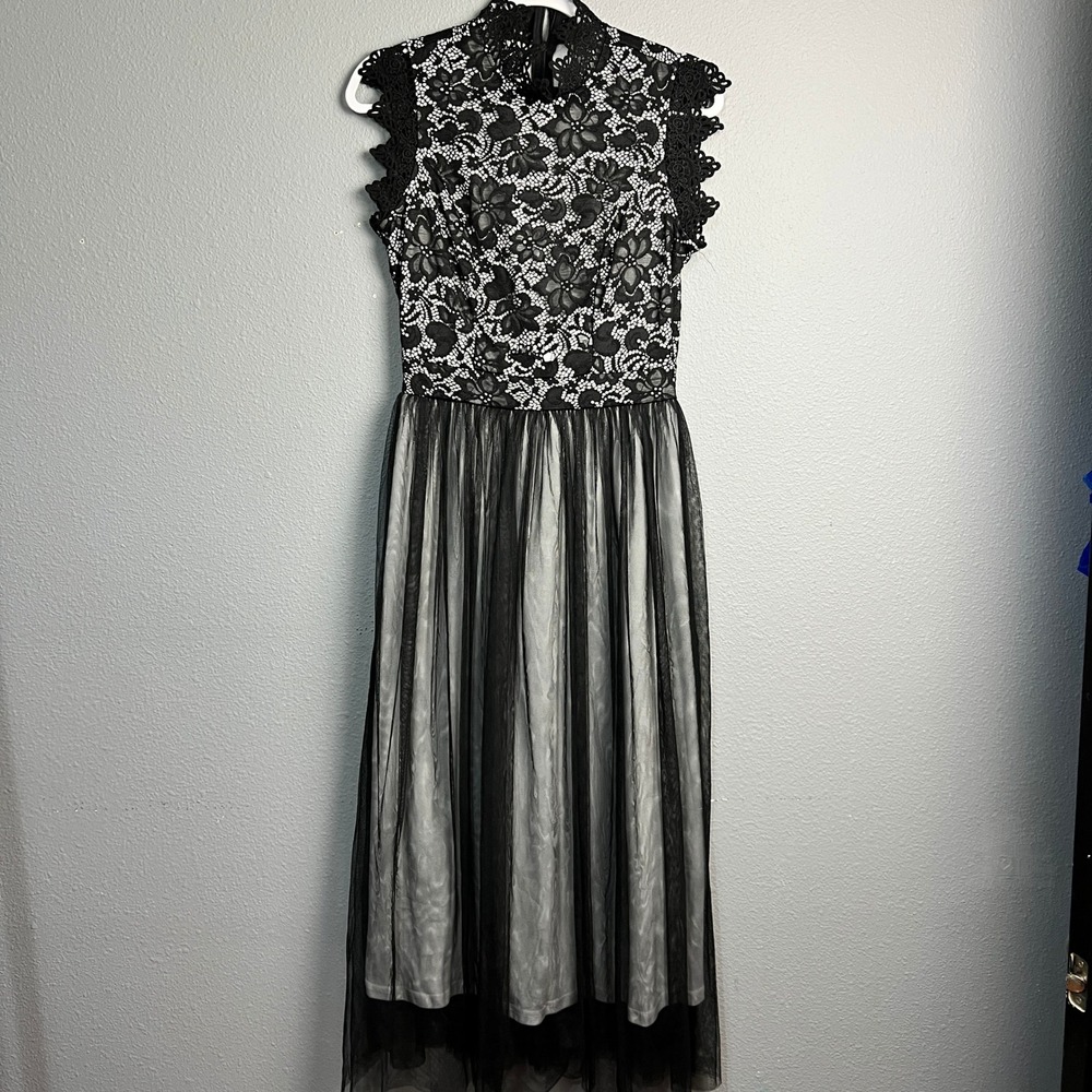 Black Lace Tulle Midi Dress‎ Whimsigoth A-Line Formal Cocktail Party Cap SL Sz S